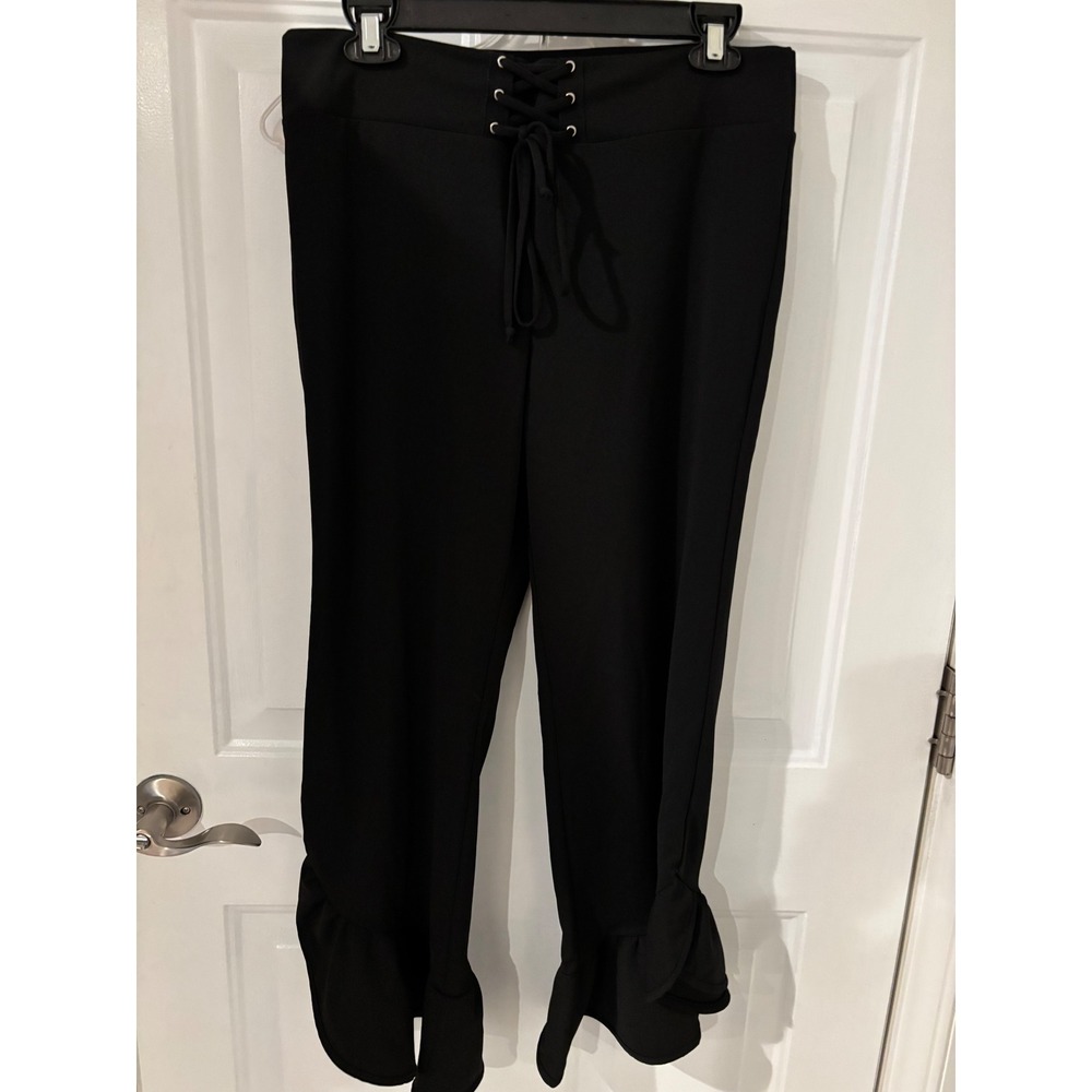 Monteau‎ Black Ruffle Hem Lace-Up Waist Cropped Pants Size L